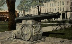 A postcard of L'Effronté in Galesburg's Central Park in the early 20th century. The cannon was later moved to the grounds of the county courthouse.