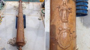 The raised cannon along with a closeup of the depiction of St. Matrona.